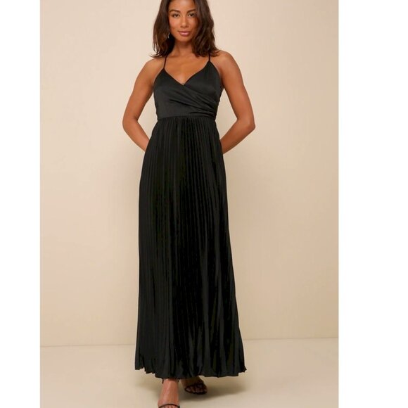 Precious Sentiments Black Satin Pleated Tie-Back Maxi Dress Size Medium NWOT - Picture 4 of 7